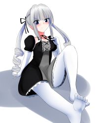 Rule 34 | 1girl, arm support, artist request, bad feet, black dress, black ribbon, blue eyes, blunt bangs, blush, character request, closed mouth, copyright request, detached sleeves, dress, drill hair, elbow gloves, feet, frilled dress, frills, from below, gloves, hair ribbon, heterochromia, highres, looking at viewer, looking down, pantyhose, puffy short sleeves, puffy sleeves, ribbon, short sleeves, simple background, solo, toes, twin drills, white background, white gloves, white hair, white pantyhose