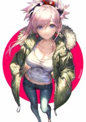 Rule 34 | alternate costume, asymmetrical hair, autumn leaves, blue eyes, breasts, cleavage, collarbone, crop top, denim, earrings, fate/grand order, fate (series), foreshortening, full body, fur trim, hair ornament, hands in pockets, jacket, jeans, jewelry, large breasts, long hair, midriff, miyamoto musashi (fate), pants, pink hair, ponytail, sencha (senchat), shirt, skin tight, smile, solo, standing, swept bangs, t-shirt, white background, white shirt