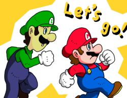 Rule 34 | 2boys, black hair, blue eyes, boots, brothers, brown hair, english text, facial hair, gloves, hard-translated, hat, lowres, luigi, male focus, mario, mario (series), multiple boys, mustache, nintendo, running, siblings, super mario bros. 1, suspenders, third-party edit, translated