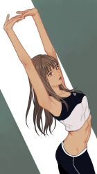 Rule 34 | 1girl, armpits, arms up, bare arms, breasts, brown eyes, brown hair, closed mouth, collarbone, cowboy shot, crop top, dated commentary, eggpongg, highres, interlocked fingers, long hair, looking afar, midriff, navel, original, own hands together, pants, red lips, skinny, solo, stretching, tank top, white background, yoga pants