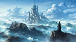 Rule 34 | above clouds, ambiguous gender, blue sky, castle, cloud, cloudy sky, commentary request, day, facing away, fantasy, from behind, highres, holding, holding staff, hood, hood up, mountain, original, outdoors, resolution mismatch, robe, scenery, sky, solo, source larger, staff, standing, tomaknights