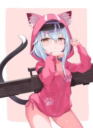 Rule 34 | 1girl, 7eddy, animal ear fluff, animal ears, animal hood, artist request, assault rifle, blue hair, blush, breasts, brown eyes, bullpup, caseless firearm, cat ears, cat girl, cat hood, cat tail, cleavage, collarbone, commentary request, fake animal ears, g11 (girls&#039; frontline), girls&#039; frontline, gun, h&amp;k g11, hair between eyes, hands up, hood, hood up, hooded jacket, horizontal magazine, jacket, kemonomimi mode, long hair, long sleeves, looking at viewer, naked jacket, name connection, object namesake, parted lips, paw pose, personification, pink background, pink jacket, prototype design, rifle, sleeves past wrists, small breasts, solo, standing, tail, tail raised, two-tone background, weapon, weapon on back, white background