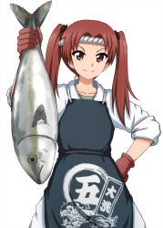 Rule 34 | 1girl, animal, apron, black bow, blue apron, bow, brown eyes, brown gloves, brown hair, closed mouth, commentary, cowboy shot, fish, fish request, fukuen misato, girls und panzer, gloves, hachimaki, hair bow, hand on own hip, headband, highres, holding, holding animal, holding fish, kadotani anzu, long hair, long sleeves, looking at viewer, omachi (slabco), pants, parted bangs, print apron, shirt, simple background, sleeves rolled up, smile, solo, standing, twintails, v-shaped eyebrows, white background, white headband, white pants, white shirt