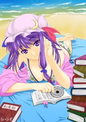 Rule 34 | 1girl, bad id, bad pixiv id, barefoot, beach, bikini, book, breasts, cleavage, feet, female focus, hat, highres, libus, long hair, lying, magic circle, ocean, on stomach, patchouli knowledge, purple eyes, purple hair, sion (pixiv), soles, solo, swimsuit, toes, touhou