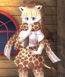 Rule 34 | 10s, absurdres, animal ears, animal print, blue eyes, giraffe ears, giraffe horns, giraffe print, giraffe tail, hand on own hip, hand to own mouth, highres, horns, kakutasu (akihiron cactus), kemono friends, multicolored hair, necktie, pantyhose, reticulated giraffe (kemono friends), scarf, skirt, solo, tail