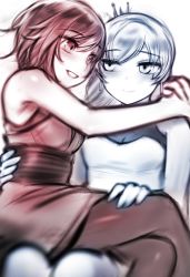 Rule 34 | 2girls, blush, breasts, cleavage, earrings, eye contact, highres, jewelry, looking at another, medium breasts, multiple girls, ndgd, pantyhose, ruby rose, rwby, scar, scar on face, sitting, sitting on lap, sitting on person, smile, weiss schnee, yuri