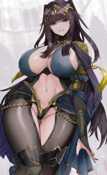 Rule 34 | 1girl, absurdres, alternate costume, black hair, blunt bangs, blush, bodysuit, bracelet, breasts, bridal gauntlets, cape, fire emblem, fire emblem awakening, gluteal fold, highres, huge breasts, jewelry, kataku musou, looking at viewer, midriff, nail polish, navel, necklace, nintendo, parted lips, puffy sleeves, purple eyes, purple nails, revealing clothes, revision, sideboob, skin tight, smile, solo, tharja (fire emblem), thick thighs, thigh gap, thighs, tiara