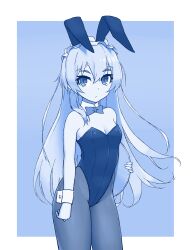 Rule 34 | 1girl, animal ears, bow, bowtie, breasts, chaika trabant, closed mouth, detached collar, fake animal ears, greyscale, highres, hitsugi no chaika, leotard, long hair, looking at viewer, monochrome, pantyhose, playboy bunny, rabbit ears, small breasts, solo, squid neetommy, strapless, strapless leotard, wrist cuffs