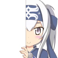 Rule 34 | 10s, 1girl, ainu clothes, blue eyes, cropped jacket, folded ponytail, headband, kamoi (kancolle), kantai collection, long hair, looking at viewer, nagineko, peeking out, sidelocks, solo, transparent background, upper body, white hair, wrist guards