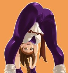 Rule 34 | 1girl, absurdres, ass, bad id, bad pixiv id, bent over, braid, breasts, brown eyes, brown hair, cameltoe, dougi, gloves, headband, hermit tanuki, highres, large breasts, leggings, legs, long hair, looking at viewer, open mouth, ryuuko no ken, simple background, single braid, skin tight, smile, snk, socks, solo, spandex, the king of fighters, very long hair, yuri sakazaki