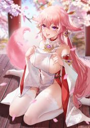 Rule 34 | 1girl, :p, absurdres, animal ears, bare shoulders, breasts, feet, fox ears, fox girl, fox tail, genshin impact, hair between eyes, highres, large breasts, long hair, looking at viewer, open mouth, petals, pink hair, purple eyes, seiza, sideboob, sitting, smile, solo, sweat, tail, thighhighs, thighs, tongue, tongue out, white thighhighs, wide sleeves, xiongshouji, yae miko
