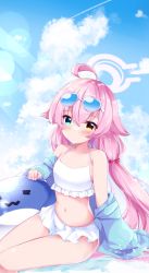 Rule 34 | 1girl, absurdres, ahoge, bare shoulders, bikini, blue-tinted eyewear, blue archive, blue eyes, blue jacket, blue sky, cloud, cloudy sky, commentary request, day, eyewear on head, feet out of frame, frilled bikini, frills, fuuna, hair bobbles, hair ornament, halo, heterochromia, highres, hoshino (blue archive), hoshino (swimsuit) (blue archive), jacket, long hair, long sleeves, low twintails, navel, off shoulder, open clothes, open jacket, outdoors, pink hair, puffy long sleeves, puffy sleeves, red eyes, sitting, sky, sleeves past fingers, sleeves past wrists, solo, sunglasses, swimsuit, tinted eyewear, twintails, very long hair, white-framed eyewear, white bikini