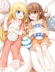 Rule 34 | 2girls, :d, barefoot, blonde hair, blue eyes, blush, brown eyes, brown hair, brown pants, brown shirt, brown shorts, collarbone, commentary request, eye contact, hair between eyes, hand up, holding, holding pillow, long hair, looking at another, lying, multiple girls, hugging object, on back, open mouth, original, pajamas, pants, pillow, pillow hug, polka dot, polka dot pants, polka dot shirt, shirt, short shorts, short sleeves, shorts, smile, soles, very long hair, yuuhagi (amaretto-no-natsu)