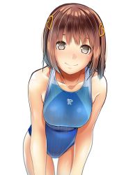 Rule 34 | 1girl, asarakura, blue one-piece swimsuit, breasts, brown eyes, brown hair, collarbone, commentary request, competition swimsuit, cowboy shot, hair ornament, hairclip, heart, heart hair ornament, higadera nanatsu, highres, leaning forward, light smile, looking at viewer, love r, medium breasts, one-piece swimsuit, simple background, solo, standing, swimsuit, thigh gap, white background