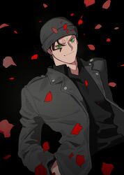 Rule 34 | 1boy, absurdres, akai shuuichi, black background, black shirt, collared shirt, commentary, cowboy shot, falling petals, green eyes, grey jacket, grin, hand in pocket, hat, highres, jacket, looking ahead, loose hair strand, male focus, meitantei conan, petals, popogano, red petals, shirt, simple background, smile, solo, symbol-only commentary