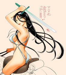 Rule 34 | 1girl, arm up, arslan senki, ass, back, bare shoulders, black hair, breasts, butt crack, earrings, falangies, from behind, green eyes, heart, horse, horseback riding, jewelry, light smile, lipstick, long hair, looking at viewer, looking back, makeup, miyakoshi, partially colored, pink background, revealing clothes, riding, saddle, sideboob, simple background, solo, spoken heart, sword, thighhighs, thighs, underboob, weapon