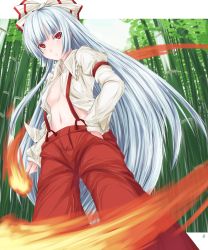 Rule 34 | 1girl, arcadia090, bad id, bad pixiv id, bamboo, bamboo forest, bow, female focus, fire, forest, fujiwara no mokou, hair bow, hair ribbon, highres, long hair, nature, no bra, open clothes, open shirt, red eyes, ribbon, shirt, silver hair, solo, suspenders, touhou
