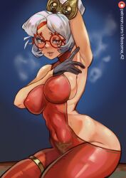 Rule 34 | 1girl, armpits, black gloves, blush, bodysuit, breasts, brown eyes, covered erect nipples, glasses, gloves, halterneck, highres, hip vent, large breasts, looking at viewer, nintendo, purah, red bodysuit, ribosoma 42, short hair, sideboob, solo, steaming body, the legend of zelda, the legend of zelda: tears of the kingdom, thick thighs, thighs, white hair