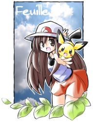 Rule 34 | 00s, 1girl, brown eyes, brown hair, character name, cloud, creatures (company), day, french text, game freak, gen 2 pokemon, hat, laughing, leaf, leaf (pokemon), long hair, miniskirt, nintendo, open mouth, outstretched arms, pichu, pokemon, pokemon (creature), pokemon frlg, porkpie hat, rascal (feuille), skirt, smile, translated