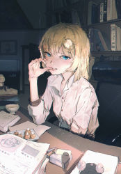 Rule 34 | 1girl, absurdres, alarm clock, blonde hair, blue eyes, book, bookshelf, breasts, character doll, cigarette, cigarette pack, clock, commentary, cream puff, cup, dark room, dino (dinoartforame), drawing (object), elbows on table, english commentary, fish tank, food, gawr gura, hair ornament, highres, holding, holding cigarette, hololive, hololive english, indoors, lighter, long sleeves, looking at viewer, open door, open mouth, shirt, sitting, small breasts, smoke, solo, teacup, teeth, thumb to mouth, upper body, upper teeth only, virtual youtuber, watson amelia, wet, wet clothes, wet hair, wet shirt, white shirt