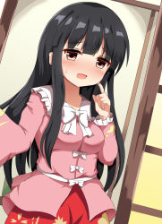Rule 34 | 1girl, arm up, black hair, blouse, blush, bow, bowtie, breasts, brown eyes, commentary request, dutch angle, finger to cheek, guard vent jun, highres, hime cut, houraisan kaguya, indoors, long hair, long sleeves, looking at viewer, medium breasts, open mouth, pink shirt, reaching, reaching towards viewer, red skirt, selfie, shirt, sidelocks, skirt, solo, standing, sweatdrop, touhou, upper body, very long hair, white bow, white bowtie