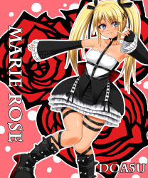 Rule 34 | 1girl, \m/, bare shoulders, blonde hair, blush, boots, breasts, character name, choker, copyright name, dead or alive, dead or alive 5, detached sleeves, flower, gothic lolita, hair ribbon, knees together feet apart, lolita fashion, long hair, marie rose, najaran (pixiv), ribbon, rose, skirt, small breasts, smile, solo, suzuna (najaran), tan, thigh strap, twintails