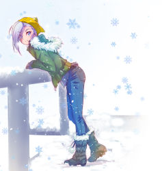 Rule 34 | 1girl, absurdres, beanie, blue eyes, boots, denim, fur trim, gloves, hair over one eye, hat, highres, iesupa, jacket, jeans, pants, rwby, snow, snow boots, solo, white hair, winter schnee