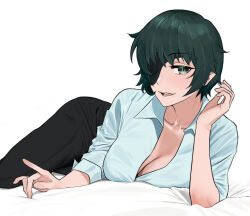 Rule 34 | 1girl, bed sheet, black pants, blush, breasts, chainsaw man, cleavage, collarbone, commentary, eyepatch, green eyes, green hair, gyunzai, himeno (chainsaw man), large breasts, looking at viewer, lying, on side, one eye covered, open collar, pants, short hair, simple background, smile, solo, white background
