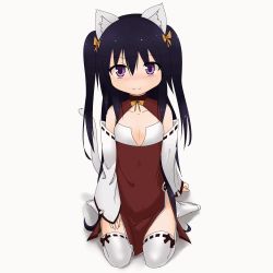 Rule 34 | 1girl, :3, aged down, animal ears, animated, animated gif, cat ears, cat tail, cowfee, detached sleeves, ear wiggle, hair between eyes, long hair, noihara himari, omamori himari, pelvic curtain, purple eyes, ribbon-trimmed thighhighs, ribbon trim, sitting, smile, solo, tail, thighhighs, twintails