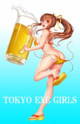 Rule 34 | 1girl, alcohol, ass, back, bad id, bad pixiv id, bare legs, beer, beer mug, bikini, blush, breasts, brown eyes, brown hair, butt crack, commentary request, cup, from behind, full body, gaien nozomi, gradient background, hair ribbon, highres, large breasts, long hair, looking at viewer, looking back, mug, open mouth, oversized object, ponytail, re:shimashima, ribbon, sandals, side-tie bikini bottom, sideboob, solo, standing, standing on one leg, swimsuit, tachi-e, tokyo exe girls, untied bikini, very long hair, wardrobe malfunction, yellow bikini