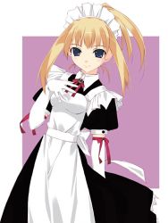 Rule 34 | 1girl, apron, black dress, blonde hair, blue eyes, brooch, dress, elbow gloves, gloves, hand on own chest, jewelry, looking at viewer, maid, maid apron, maid headdress, murakami suigun, neck ribbon, original, puffy short sleeves, puffy sleeves, ribbon, short sleeves, solo, white gloves