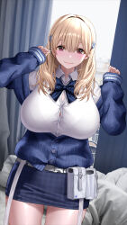 Rule 34 | 1girl, belt pouch, blonde hair, blue bow, blue bowtie, blue jacket, blush, bowtie, breasts, brown eyes, collared shirt, goddess of victory: nikke, hair ornament, houriigurei, jacket, large breasts, long hair, looking at viewer, off-shoulder jacket, off shoulder, pencil skirt, pouch, puffy sleeves, shirt, skirt, sleeves past wrists, smile, solo, strap, tia (nikke), white shirt
