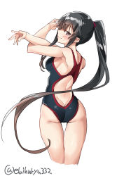 Rule 34 | 1girl, alternate costume, ass, bare shoulders, black hair, black one-piece swimsuit, brown eyes, butt crack, competition swimsuit, cowboy shot, ebifurya, from behind, hair ornament, hair scrunchie, highres, kantai collection, long hair, looking at viewer, one-piece swimsuit, ponytail, scrunchie, sidelocks, simple background, solo, standing, stretching, swimsuit, thigh gap, thighs, twitter username, very long hair, white background, yahagi (kancolle)