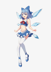 Rule 34 | 1girl, :d, absurdres, adapted costume, bare arms, bare shoulders, blue bow, blue eyes, blue footwear, blue hair, blue shirt, blue skirt, blush, bow, bowtie, chinese commentary, cirno, commentary request, crop top, fang, full body, grey background, hair bow, heida zhu, highres, ice, ice wings, looking at viewer, mary janes, midriff, miniskirt, navel, open mouth, pleated skirt, red bow, red bowtie, shirt, shoes, short hair, simple background, skirt, skirt set, sleeveless, sleeveless shirt, smile, solo, stomach, thighhighs, thighs, touhou, white thighhighs, wings