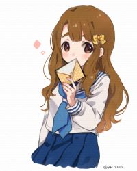 Rule 34 | 1girl, blue neckerchief, blue skirt, blush, bow, brown eyes, brown hair, covered mouth, cropped legs, envelope, eyebrows hidden by hair, hair bow, holding, holding envelope, idolmaster, idolmaster million live!, long hair, long sleeves, looking at viewer, miyao miya, neckerchief, nuno (pppompon), pleated skirt, sailor collar, school uniform, serafuku, shirt, simple background, skirt, solo, thick eyebrows, twitter username, very long hair, white background, white sailor collar, white shirt, yellow bow