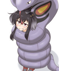 Rule 34 | 1girl, anchor symbol, arbok, black hair, blush, bound, commentary request, constriction, creatures (company), crossover, fang, game freak, gen 1 pokemon, gradient hair, grey hair, hair between eyes, kantai collection, konokiya, multicolored hair, nintendo, parted lips, pokemon, pokemon (creature), purple eyes, shadow, short hair with long locks, simple background, skin fang, standing, sweat, tears, tokitsukaze (kancolle), tongue, white background