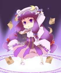 Rule 34 | 1girl, book, crescent, female focus, flying paper, hat, long hair, paper, patchouli knowledge, purple eyes, purple hair, solo, sukehiro, touhou