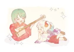 Rule 34 | 2girls, ^ ^, aged down, bandaid, bandaid on face, bandaid on nose, blush stickers, child, closed eyes, commentary request, geta, green hair, hair ornament, hakama, holding, holding instrument, horns, instrument, japanese clothes, kimono, korean commentary, kouzuki hiyori, multicolored hair, multiple girls, n o1n2, one piece, ponytail, profile, red hakama, red kimono, rope, shimenawa, short hair, sparkle, white hair, white kimono, yamato (one piece)