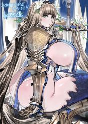 Rule 34 | 1girl, absurdly long hair, arm at side, arm support, arm up, armor, ass, black panties, blonde hair, blue dress, blue thighhighs, blunt bangs, breast curtains, breasts, breasts out, commentary request, commission, commissioner name, covered erect nipples, curtains, detached collar, dress, flower, flower print, gauntlets, gold trim, gorget, greatsword, greaves, green eyes, hair flower, hair ornament, hairband, high heels, highleg, highleg panties, hip bones, holding, holding sword, holding weapon, houden eizou, huge ass, huge breasts, knight, lace, lace-trimmed legwear, lace trim, legs together, lily (flower), long hair, looking at viewer, looking to the side, no bra, original, paid reward available, panties, parted lips, pauldrons, pelvic curtain, petals, planted, planted sword, planted weapon, reflection, reflective floor, see-through, shiny skin, shoulder armor, shrug (clothing), sideboob, sideless outfit, sidelocks, skeb commission, skindentation, solo, squatting, sword, thick thighs, thighhighs, thighs, thong, turtleneck, underwear, vambraces, very long hair, weapon, white flower