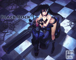 Rule 34 | 10s, 1girl, bikini, bikini top only, black hair, black rock shooter, black rock shooter (character), blue eyes, boots, checkered floor, fingerless gloves, flat chest, floor, gloves, glowing, glowing eye, ground shatter, huge weapon, knee boots, motor vehicle, ryu shou, scar, scooter, short shorts, shorts, sitting, solo, swimsuit, twintails, uneven twintails, vehicle, vespa, weapon