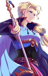 Rule 34 | armor, blonde hair, blue cape, blue eyes, cape, earrings, edgar roni figaro, final fantasy, final fantasy vi, hair ribbon, high collar, holding, holding polearm, holding weapon, jewelry, long hair, long sleeves, looking to the side, multi-tied hair, polearm, ribbon, sanroku 3, shoulder armor, upper body, wavy hair, weapon, white background