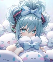 Rule 34 | &gt; &lt;, 1girl, aqua eyes, aqua hair, bare shoulders, blue bow, blue hair, blue nails, blush stickers, bow, cinnamiku, cinnamoroll, commentary, covered mouth, creature, crossover, double bun, ear bow, english commentary, hair between eyes, hair bow, hair bun, hands up, hatsune miku, headphones, looking at viewer, nail polish, open mouth, portrait, sanrio, suoniko, tied ears, updo, vocaloid