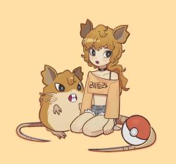 Rule 34 | 1girl, :o, animal ears, black eyes, bright pupils, brown hair, chirosamu, collar, collarbone, commentary request, creature and personification, creatures (company), denim, denim shorts, game freak, gen 1 pokemon, highres, korean commentary, long hair, looking to the side, midriff, mouse ears, mouse girl, mouse tail, nintendo, off shoulder, open mouth, orange shirt, poke ball, poke ball (basic), pokemon, pokemon (creature), ponytail, raticate, shirt, shorts, sitting, socks, tail, teeth, upper teeth only, white pupils, yellow background