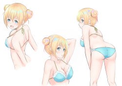 Rule 34 | 1girl, :d, alternate hairstyle, arm behind head, arm up, armpits, ass, bikini, blend s, blonde hair, blue bikini, blue eyes, blush, breasts, closed mouth, collarbone, double bun, hair between eyes, halterneck, highres, hinata kaho, hofumaso, kneepits, large breasts, leaning forward, looking at viewer, looking back, multiple views, open mouth, parted lips, profile, short hair, smile, standing, swimsuit, white background
