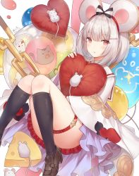 Rule 34 | 1girl, animal, animal ears, ass, ayuanlv, balloon, black socks, bow, brown footwear, chain, cheese, collared shirt, convenient leg, fake animal ears, food, granblue fantasy, hair ornament, hairband, hairclip, heart, heart-shaped pillow, highres, kneehighs, loafers, looking at viewer, miniskirt, mouse (animal), mouse ears, parted lips, pillow, red eyes, red skirt, sailor collar, shirt, shoes, short hair, silver hair, skirt, socks, solo, thigh strap, thighs, vikala (granblue fantasy), white shirt