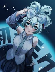 Rule 34 | 1girl, black skirt, blue bow, blue eyes, blue hair, blue necktie, blush, bow, cinnamiku, commentary, detached sleeves, eyelashes, from above, fuyurnn, hair between eyes, hair bow, hair bun, hatsune miku, highres, looking at viewer, necktie, sidelocks, skirt, solo, vocaloid, wing collar