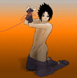 Rule 34 | 1boy, artist request, bdsm, bondage, bound, censored, clothes pull, flaccid, full body, gradient background, kneeling, lowres, male focus, naruto, naruto (series), pants, pants pull, penis, solo, topless male, uchiha sasuke