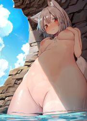 Rule 34 | 1girl,  ears, animal ears, breasts, censored, grey hair, highres, inubashiri momiji, looking at viewer, mamemochi, mosaic censoring, nude, pussy, red eyes, sky, tail, touhou, water, wet, wolf ears, wolf girl, wolf tail