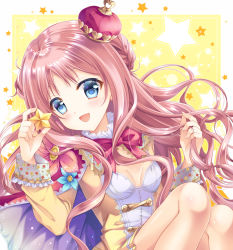 Rule 34 | 1girl, :d, atelier (series), atelier meruru, bare legs, blue eyes, blush, breasts, cleavage, crown, curly hair, dress, floating hair, highres, holding, holding own hair, long hair, long sleeves, looking at viewer, merurulince rede arls, mini crown, open mouth, pink hair, shiny skin, shizuki ayame, short dress, small breasts, smile, solo, very long hair, yellow background, yellow dress