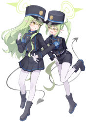 Rule 34 | 2girls, absurdres, armband, black footwear, black hat, black shirt, black shorts, black skirt, blue archive, blue armband, blush, boots, buttons, demon tail, double-breasted, earrings, foot up, full body, gloves, green hair, green halo, hair between eyes, halo, hand up, hat, highres, hikari (blue archive), imminent hug, jewelry, long hair, long sleeves, looking at another, looking back, matsuhisa (ryo-tsuda1), multiple girls, nozomi (blue archive), open mouth, outstretched arms, pantyhose, peaked cap, pleated skirt, pointy ears, running, shirt, shorts, siblings, sidelocks, sisters, skirt, smile, standing, tail, twintails, very long hair, white gloves, white pantyhose, yellow eyes